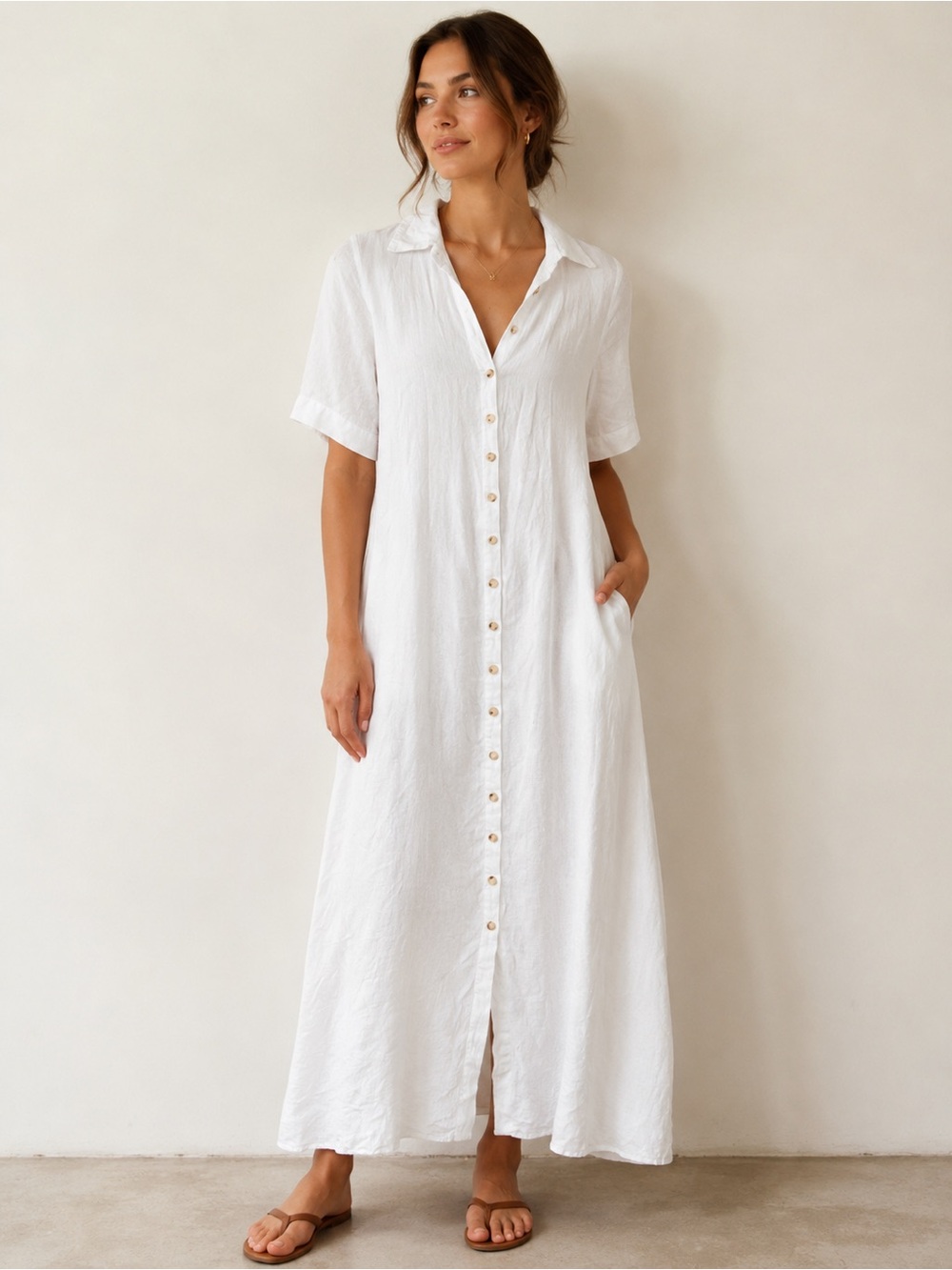 DISSH 100% Linen Shirtdress Collared Maxi Dress Oversized Flowy White US 6